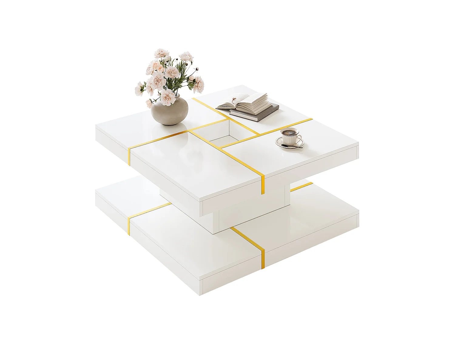 Table basse double plateau 80x80x38 cm - Design carré - Bordure métallique dorée - Centre ajouré - Blanc