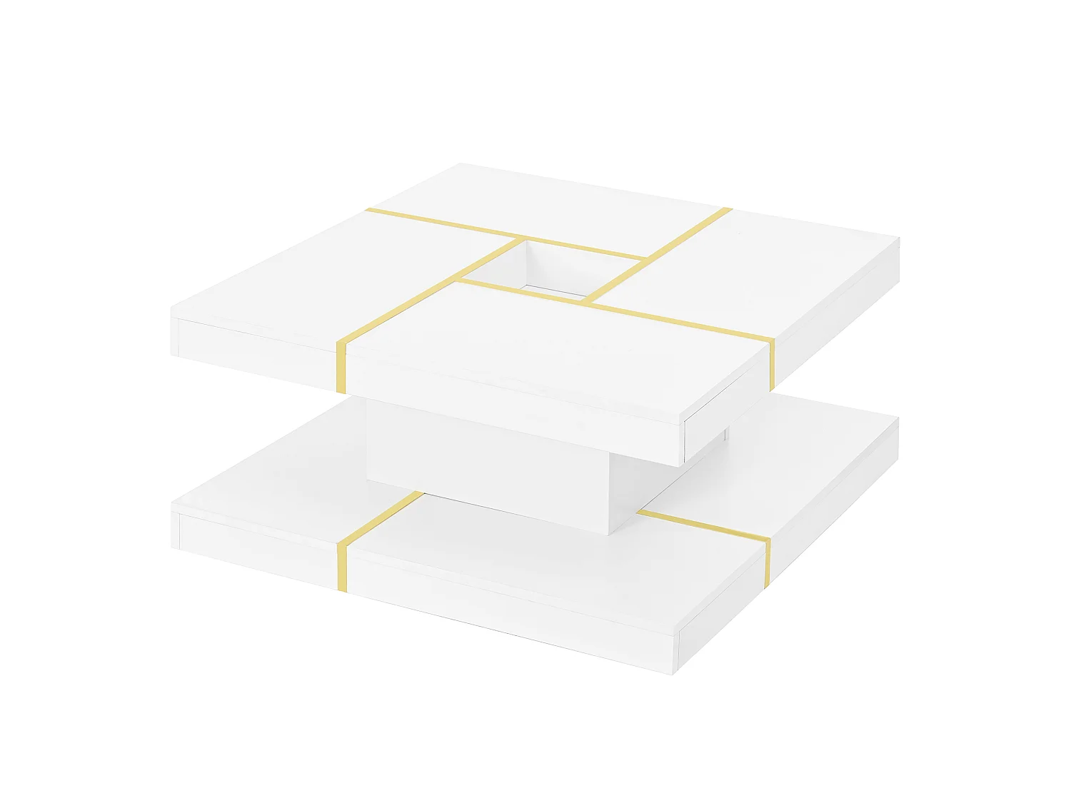 Table basse double plateau 80x80x38 cm - Design carré - Bordure métallique dorée - Centre ajouré - Blanc