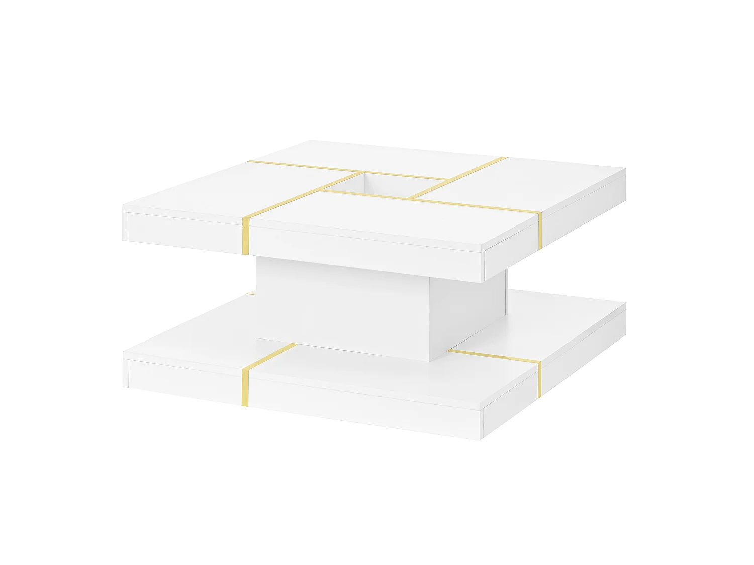 Table basse double plateau 80x80x38 cm - Design carré - Bordure métallique dorée - Centre ajouré - Blanc