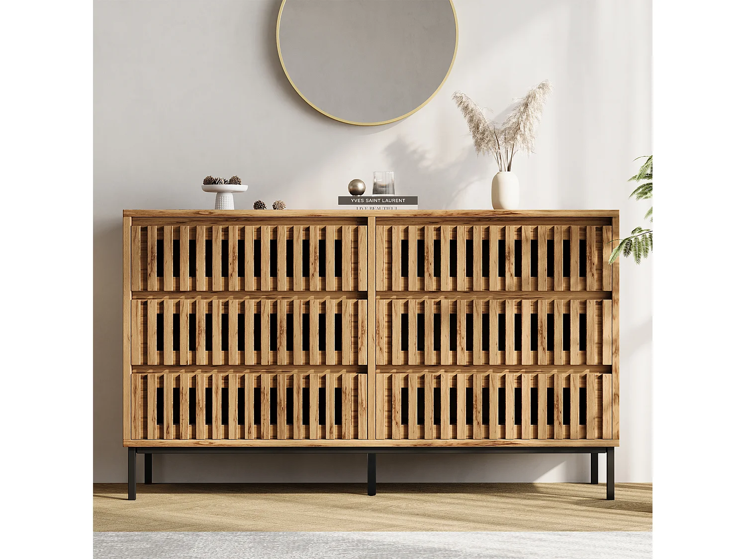 Moderne Kommode mit 6 Schubladen - Anrichte mit 5 Füßen - Durchbrochenes Design -120x40x81cm - MDF - Natur