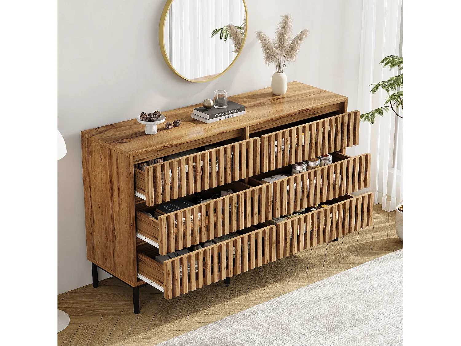 Moderne Kommode mit 6 Schubladen - Anrichte mit 5 Füßen - Durchbrochenes Design -120x40x81cm - MDF - Natur