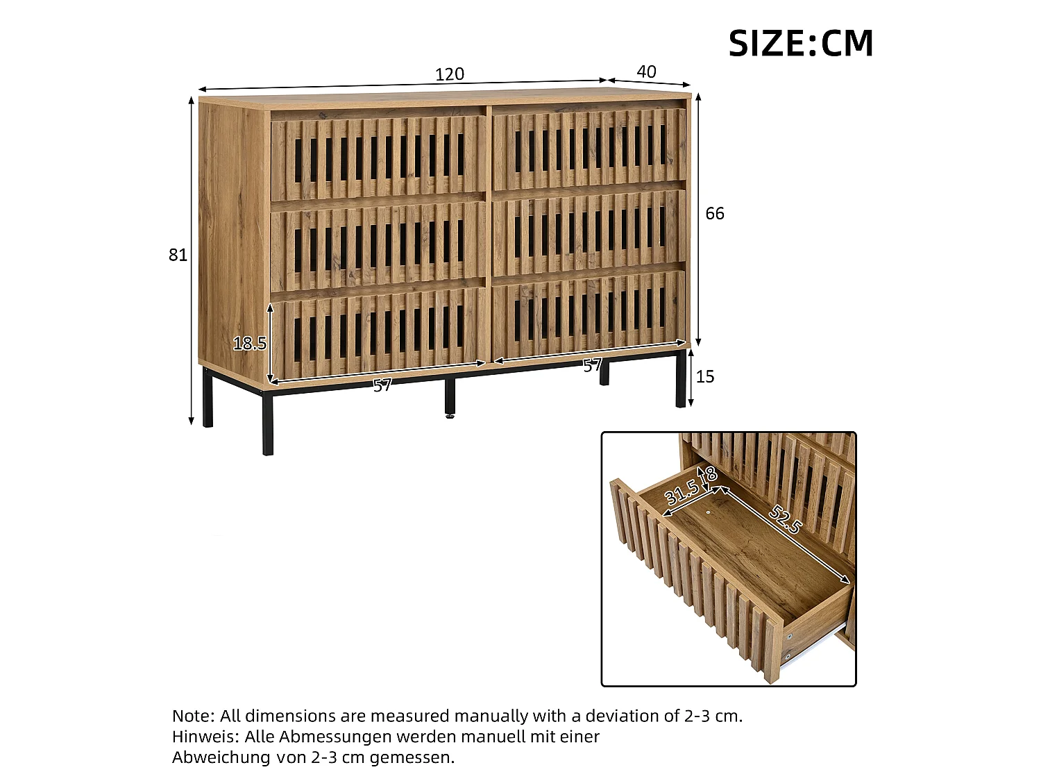 Moderne Kommode mit 6 Schubladen - Anrichte mit 5 Füßen - Durchbrochenes Design -120x40x81cm - MDF - Natur