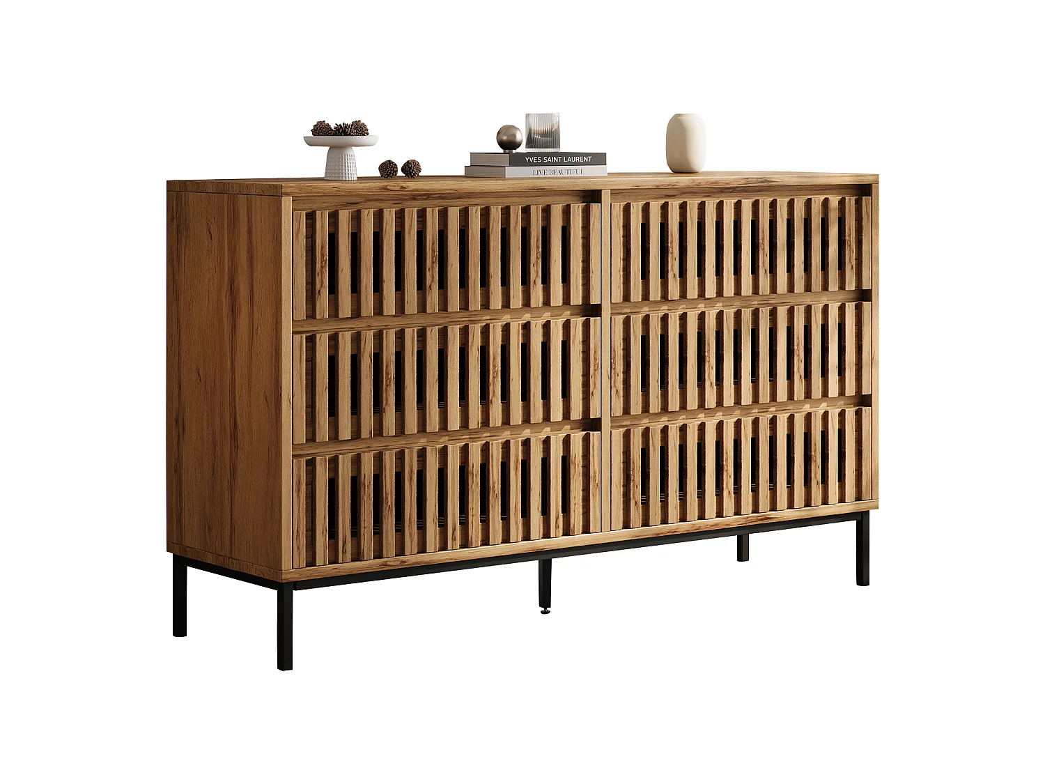 Moderne Kommode mit 6 Schubladen - Anrichte mit 5 Füßen - Durchbrochenes Design -120x40x81cm - MDF - Natur