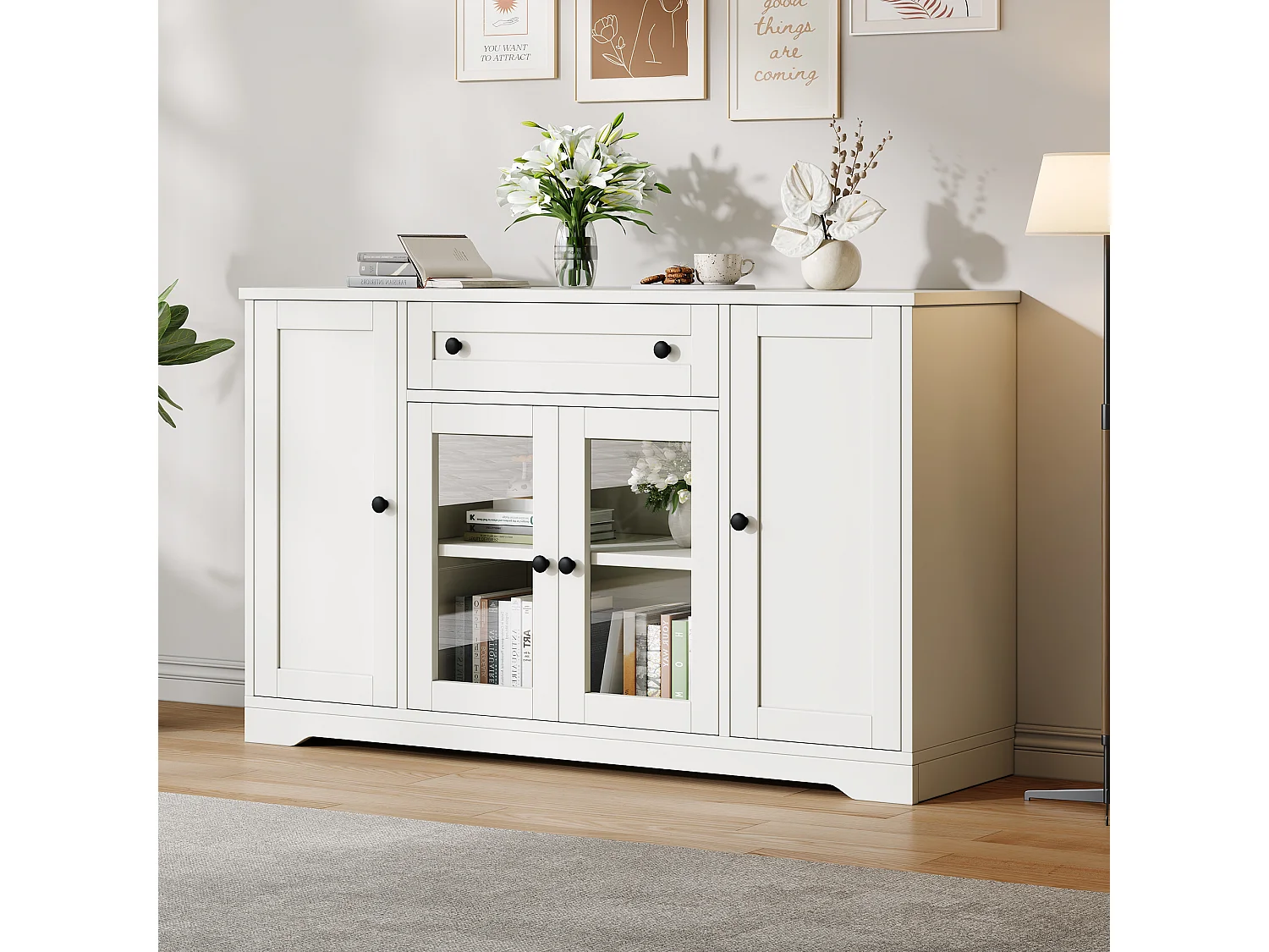 Buffet moderne 138x40x83 cm - 4 portes et 1 tiroir - 6 compartiments de rangement - Étagères réglables - Blanc