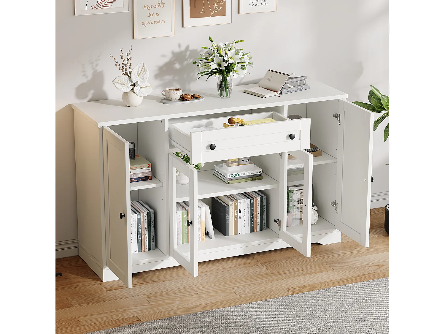 Buffet moderne 138x40x83 cm - 4 portes et 1 tiroir - 6 compartiments de rangement - Étagères réglables - Blanc