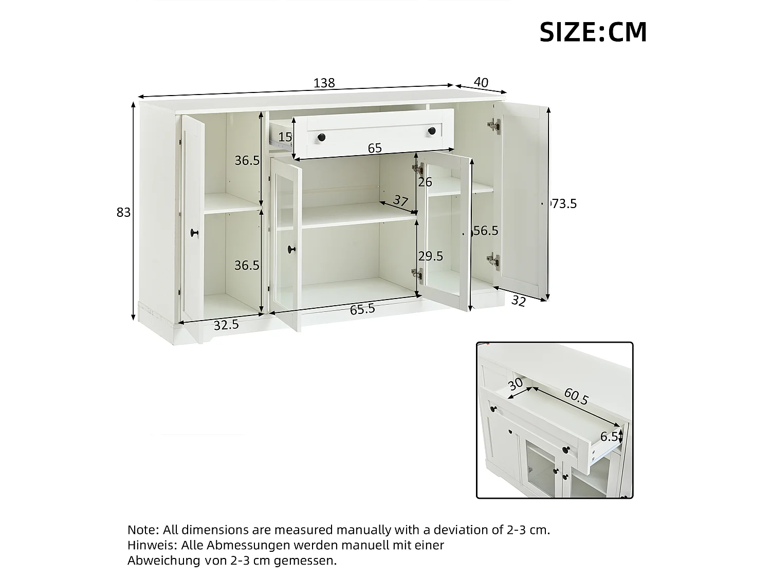 Buffet moderne 138x40x83 cm - 4 portes et 1 tiroir - 6 compartiments de rangement - Étagères réglables - Blanc