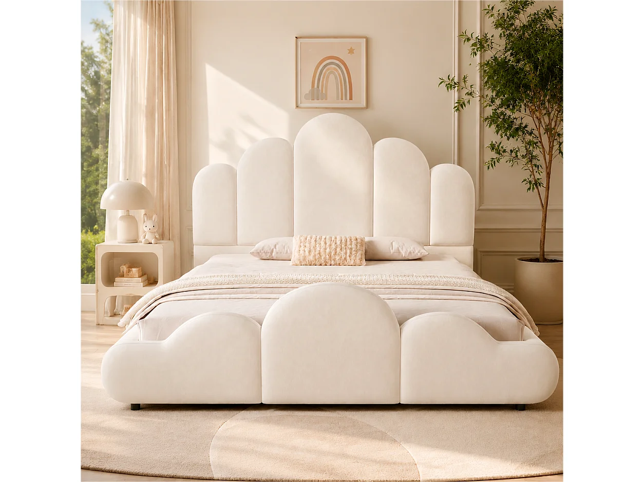 Lit enfant capitonné 140 x 200 cm - Tête de lit capitonnée - Coins arrondis - Tissu velours - Beige (Matelas non inclus)