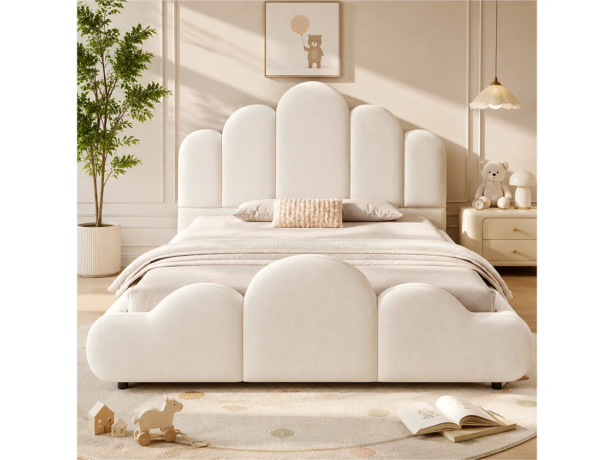 Lit enfant capitonné 140 x 200 cm - Tête de lit capitonnée - Coins arrondis - Tissu velours - Beige (Matelas non inclus)