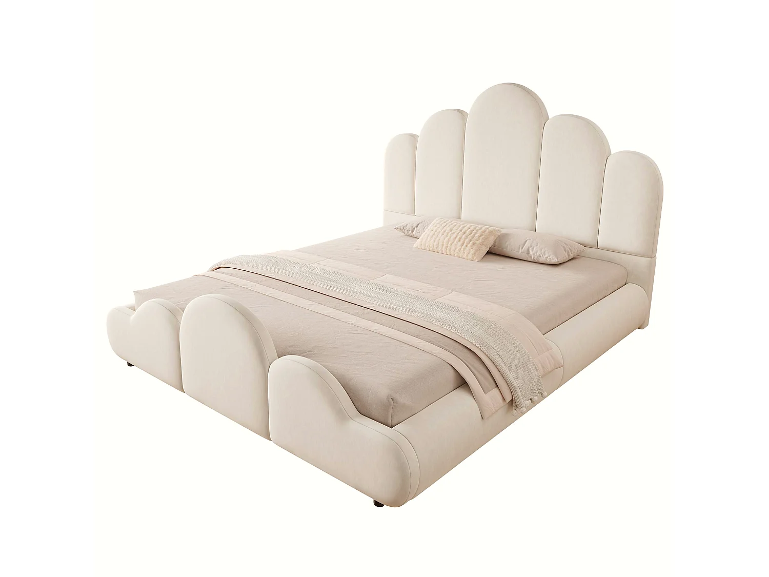 Lit enfant capitonné 140 x 200 cm - Tête de lit capitonnée - Coins arrondis - Tissu velours - Beige (Matelas non inclus)