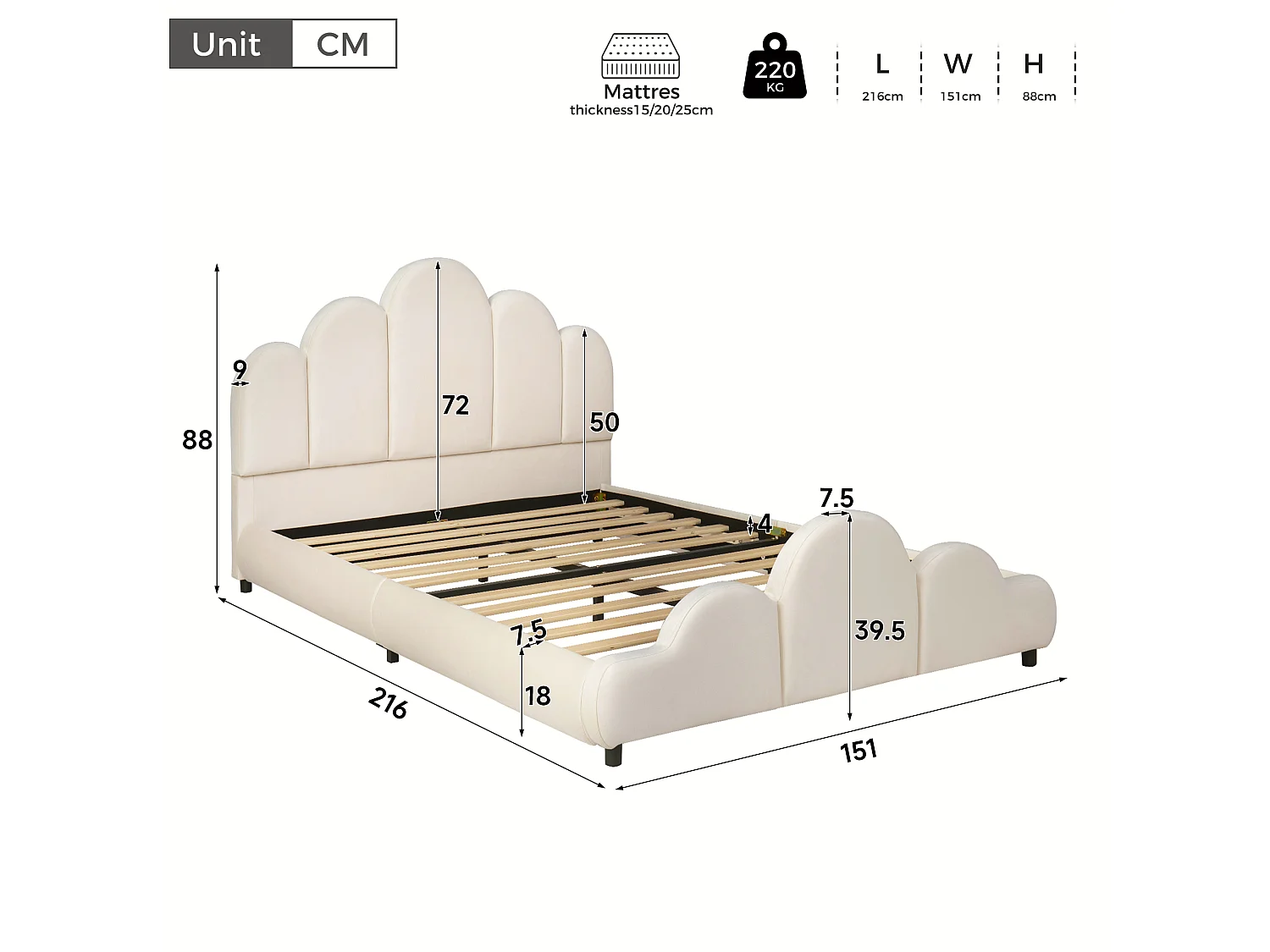 Lit enfant capitonné 140 x 200 cm - Tête de lit capitonnée - Coins arrondis - Tissu velours - Beige (Matelas non inclus)