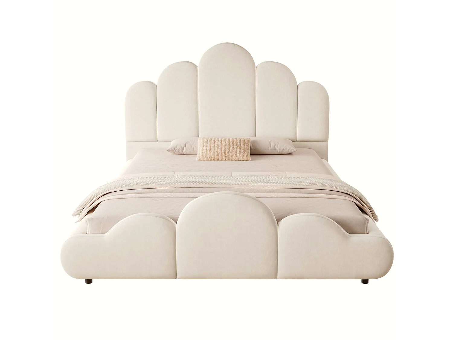 Lit enfant capitonné 140 x 200 cm - Tête de lit capitonnée - Coins arrondis - Tissu velours - Beige (Matelas non inclus)