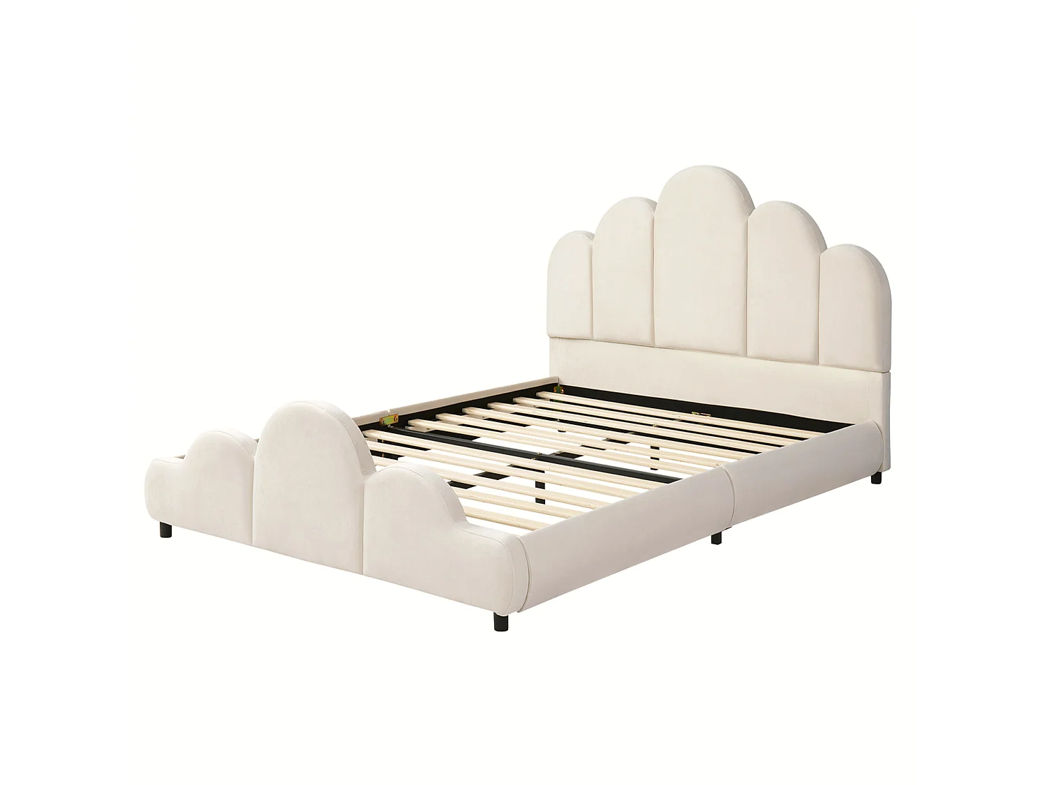 Lit enfant capitonné 140 x 200 cm - Tête de lit capitonnée - Coins arrondis - Tissu velours - Beige (Matelas non inclus)