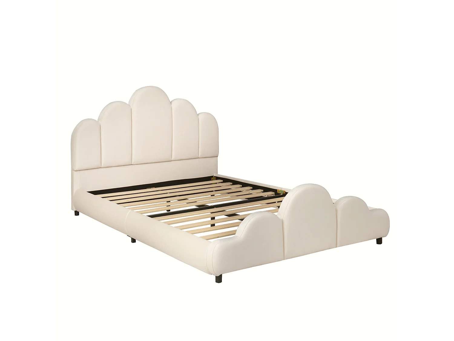 Lit enfant capitonné 140 x 200 cm - Tête de lit capitonnée - Coins arrondis - Tissu velours - Beige (Matelas non inclus)