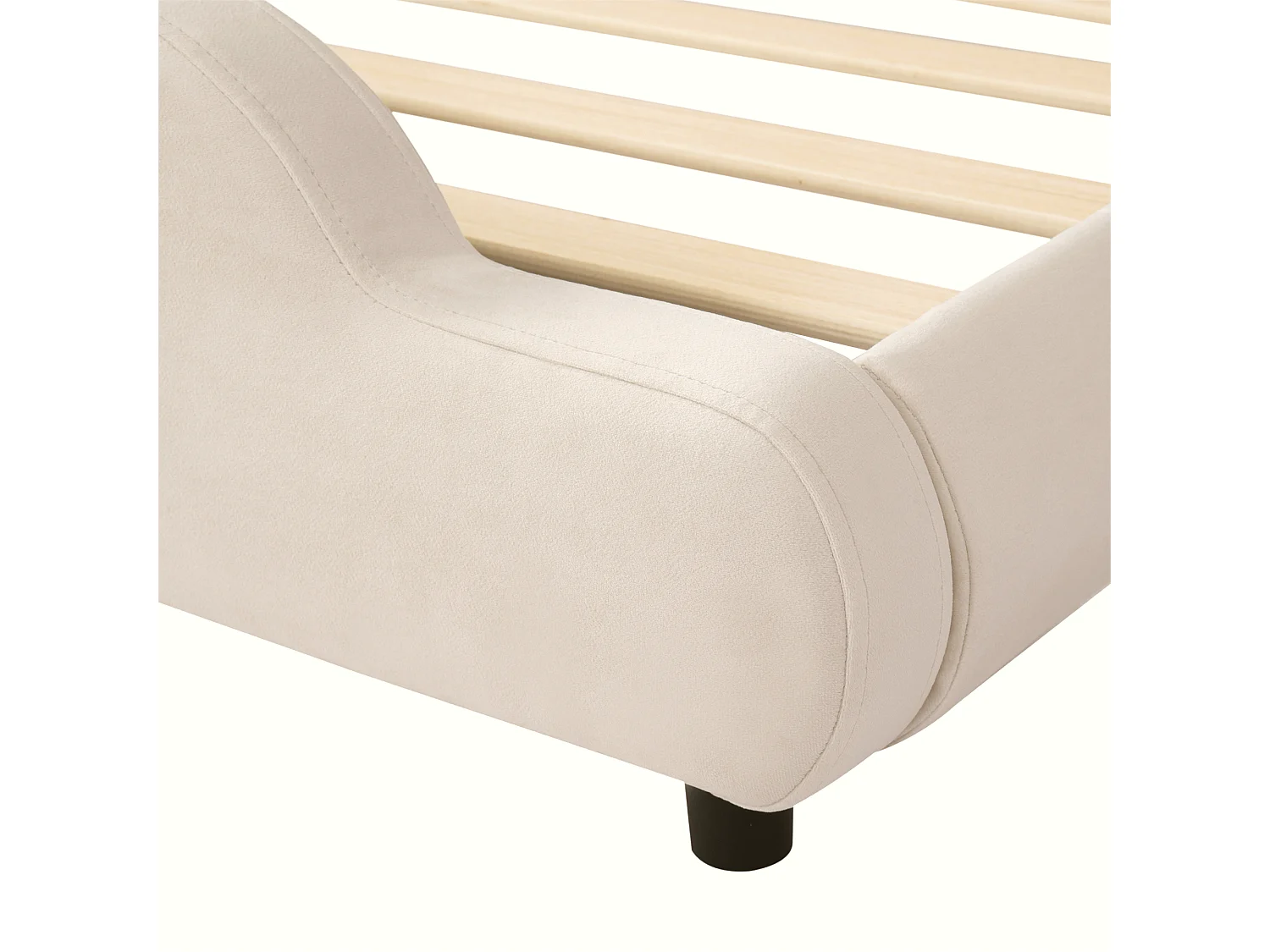 Lit enfant capitonné 140 x 200 cm - Tête de lit capitonnée - Coins arrondis - Tissu velours - Beige (Matelas non inclus)