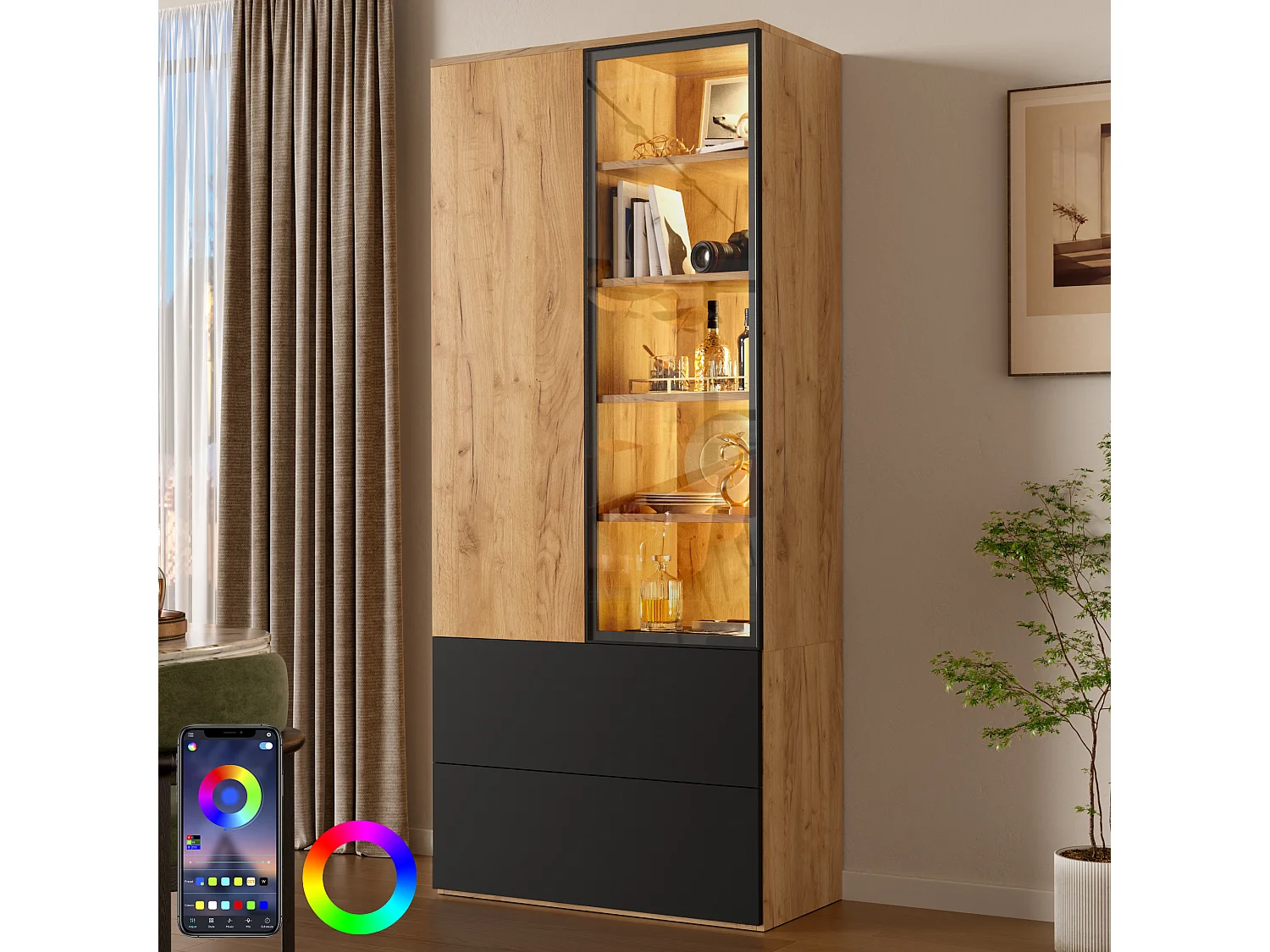 Vitrine 70x35x160cm - avec 2 portes et 2 tiroirs - avec éclairage LED - 6 étagères réglables - Naturel + Noir