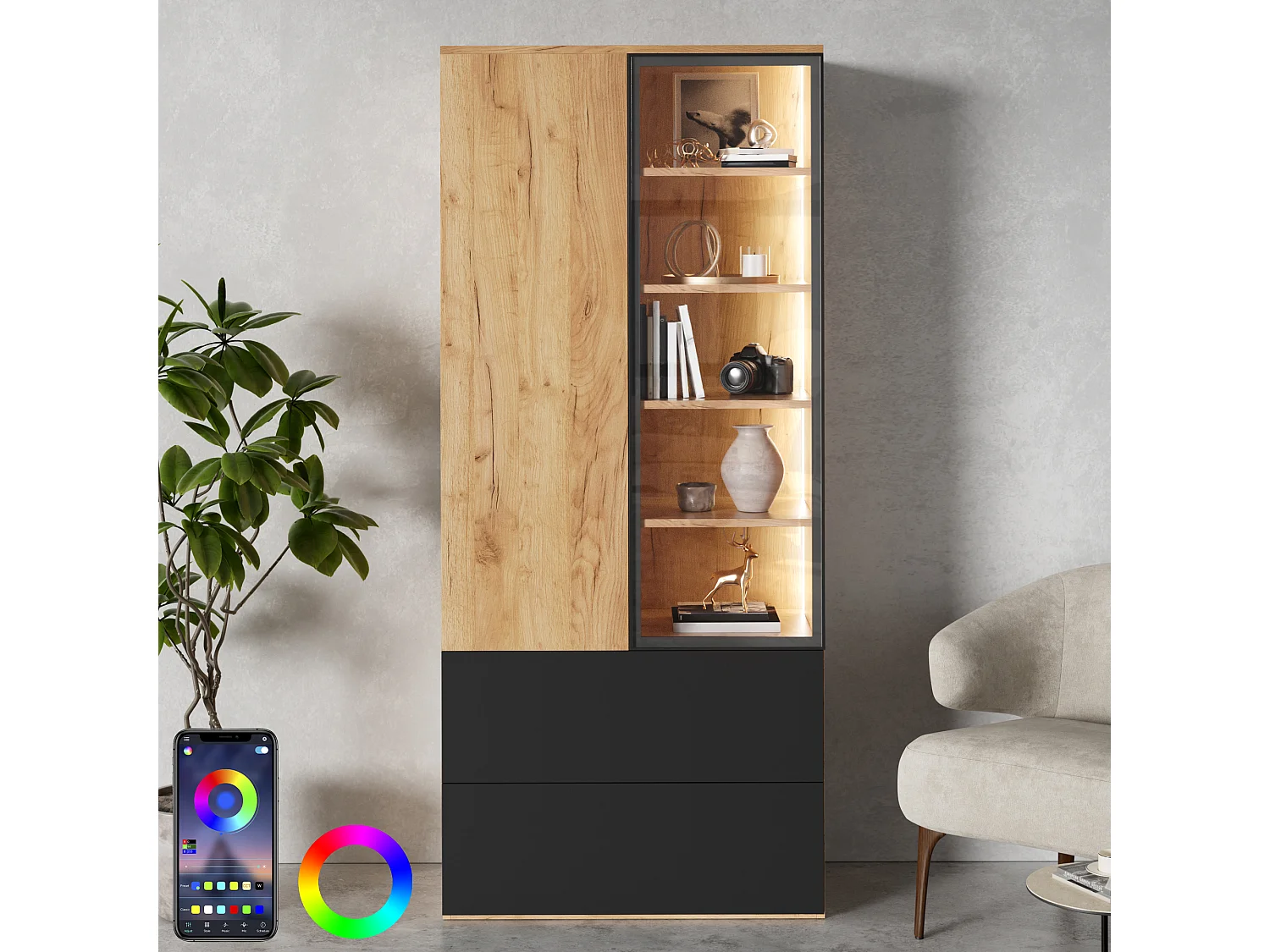 Vitrine 70x35x160cm - avec 2 portes et 2 tiroirs - avec éclairage LED - 6 étagères réglables - Naturel + Noir