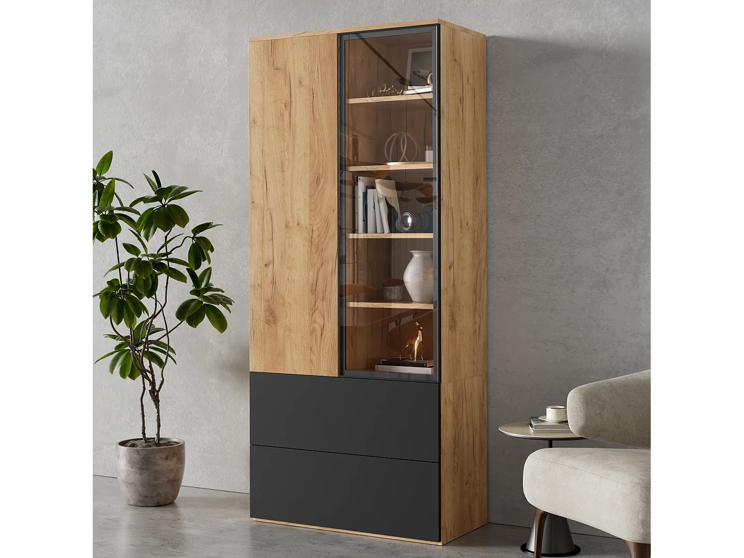 Vitrine 70x35x160cm - avec 2 portes et 2 tiroirs - avec éclairage LED - 6 étagères réglables - Naturel + Noir