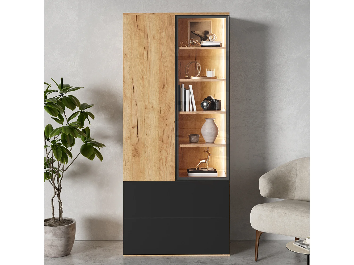 Vitrine 70x35x160cm - avec 2 portes et 2 tiroirs - avec éclairage LED - 6 étagères réglables - Naturel + Noir