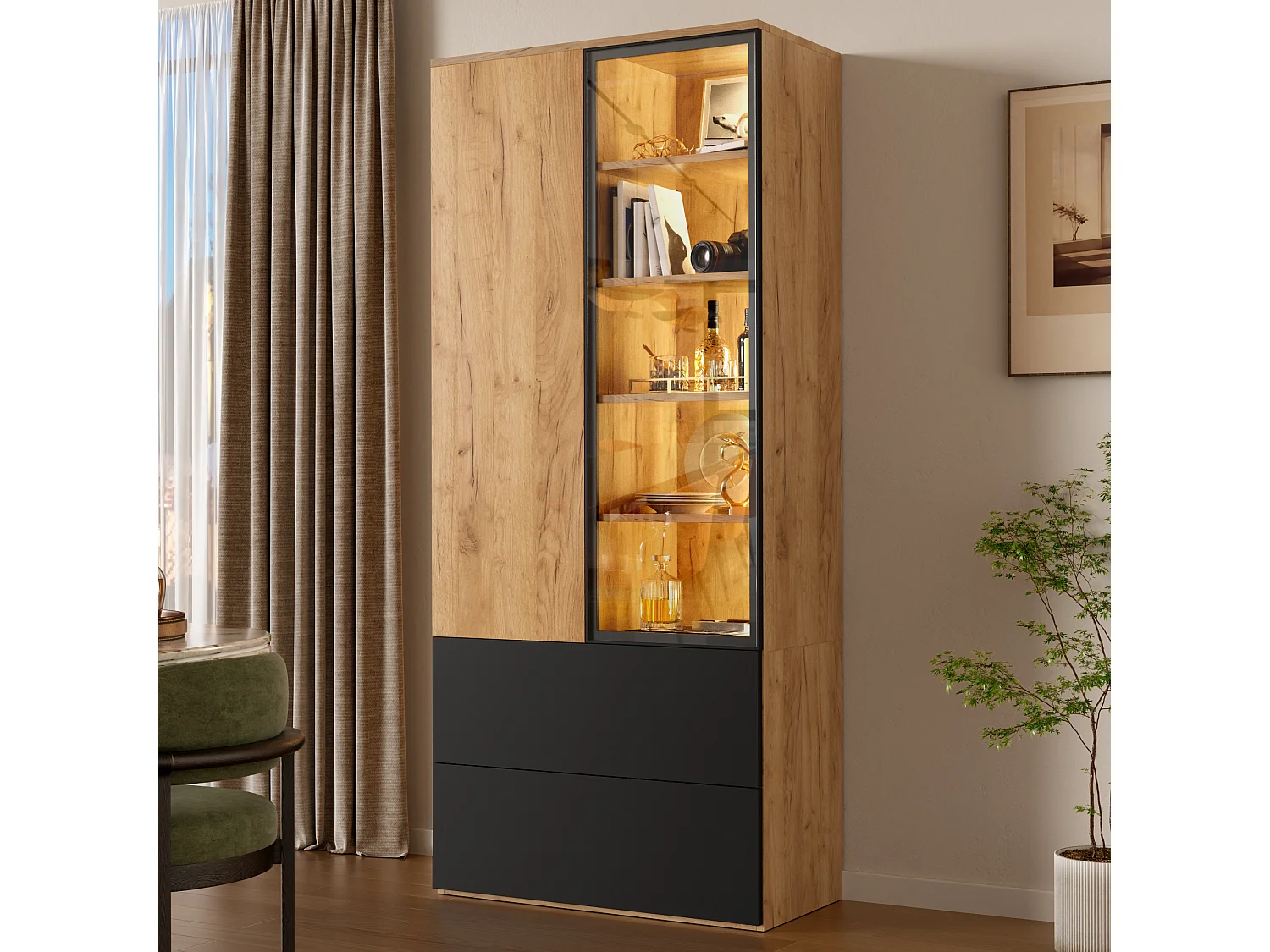 Vitrine 70x35x160cm - avec 2 portes et 2 tiroirs - avec éclairage LED - 6 étagères réglables - Naturel + Noir