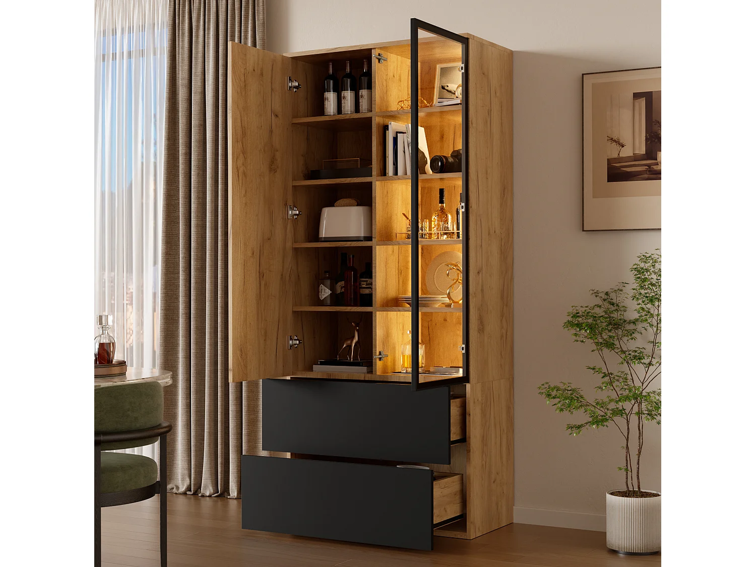 Vitrine 70x35x160cm - avec 2 portes et 2 tiroirs - avec éclairage LED - 6 étagères réglables - Naturel + Noir