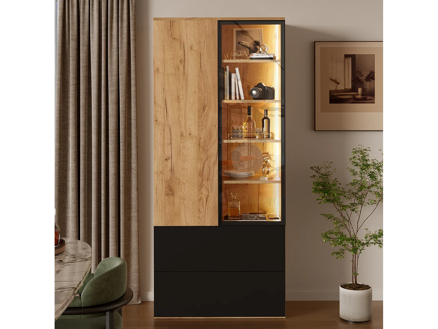 Vitrine 70x35x160cm - avec 2 portes et 2 tiroirs - avec éclairage LED - 6 étagères réglables - Naturel + Noir