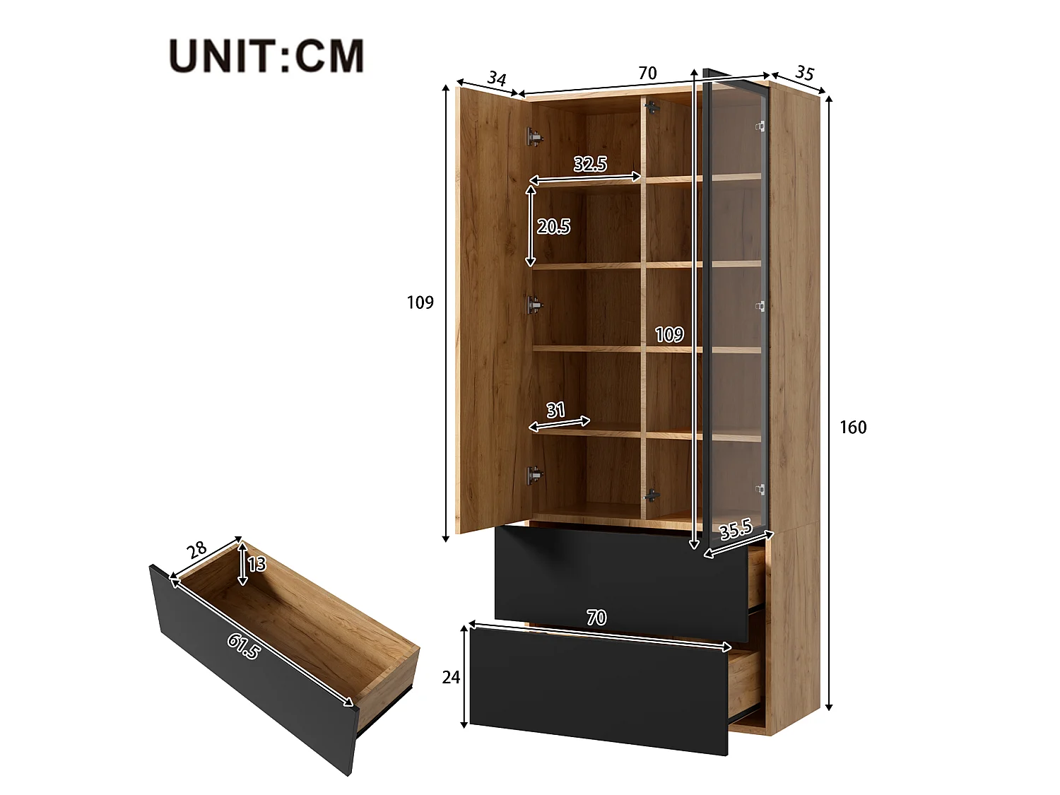 Vitrine 70x35x160cm - avec 2 portes et 2 tiroirs - avec éclairage LED - 6 étagères réglables - Naturel + Noir