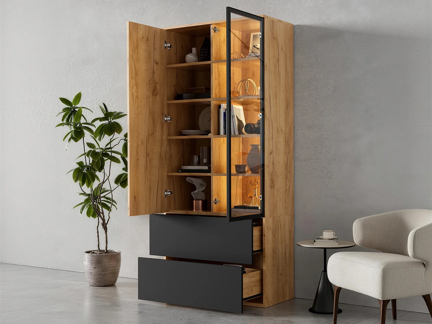 Vitrine 70x35x160cm - avec 2 portes et 2 tiroirs - avec éclairage LED - 6 étagères réglables - Naturel + Noir