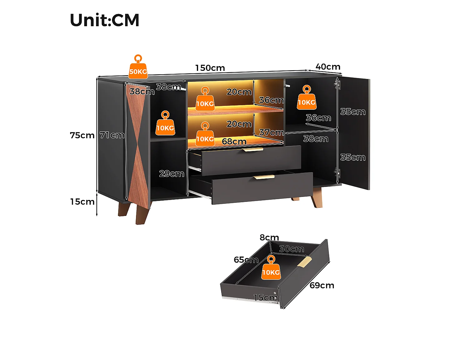 Moderne buffetkast 150x40x90cm - met LED-verlichting - met 2 deuren en 2 laden - verstelbare plank - Zwart + Naturel