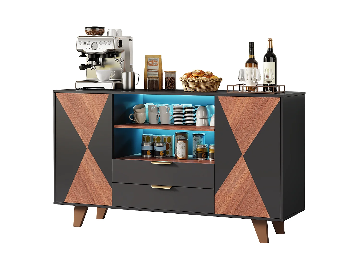 Moderne buffetkast 150x40x90cm - met LED-verlichting - met 2 deuren en 2 laden - verstelbare plank - Zwart + Naturel
