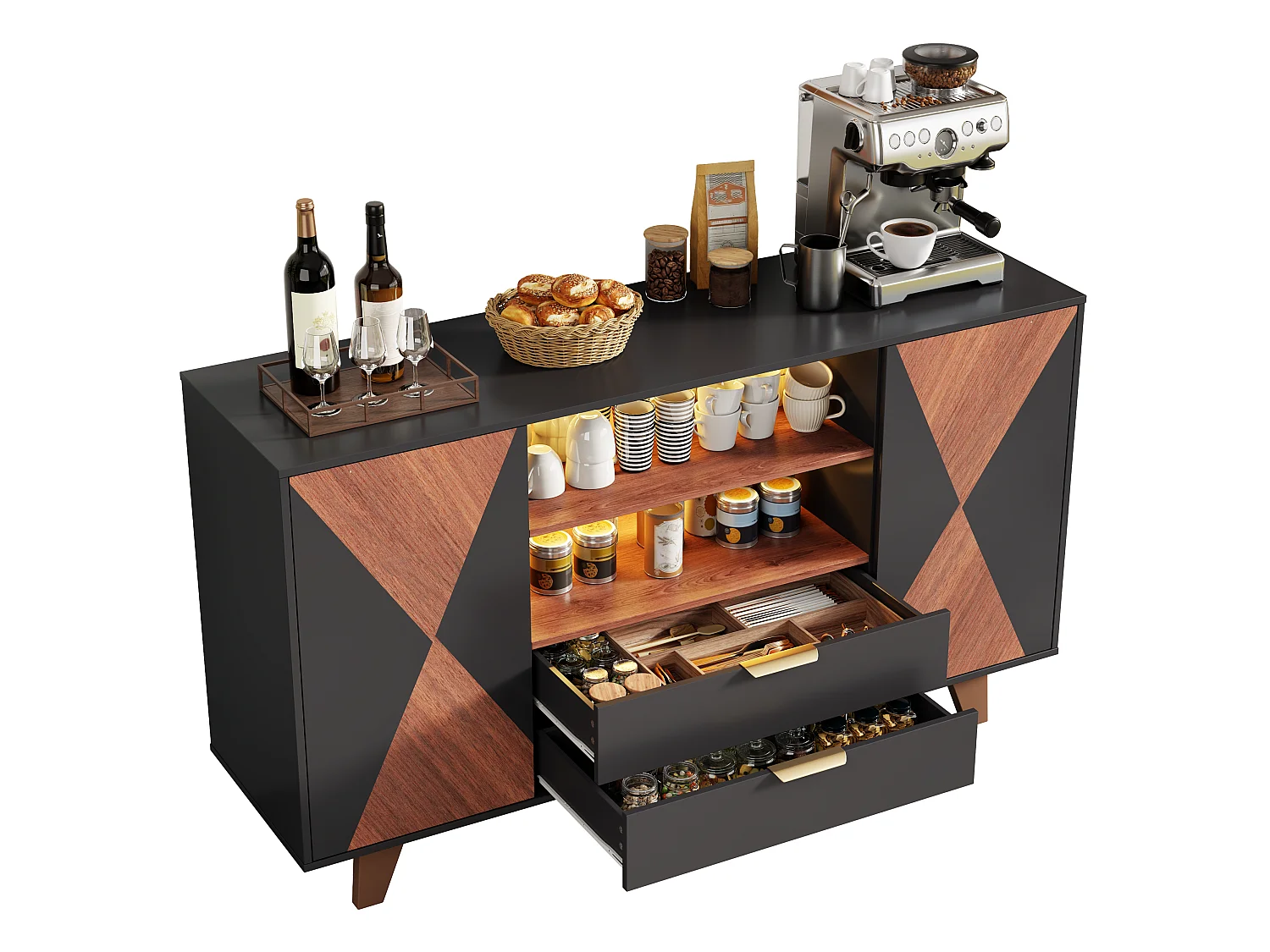 Moderne buffetkast 150x40x90cm - met LED-verlichting - met 2 deuren en 2 laden - verstelbare plank - Zwart + Naturel