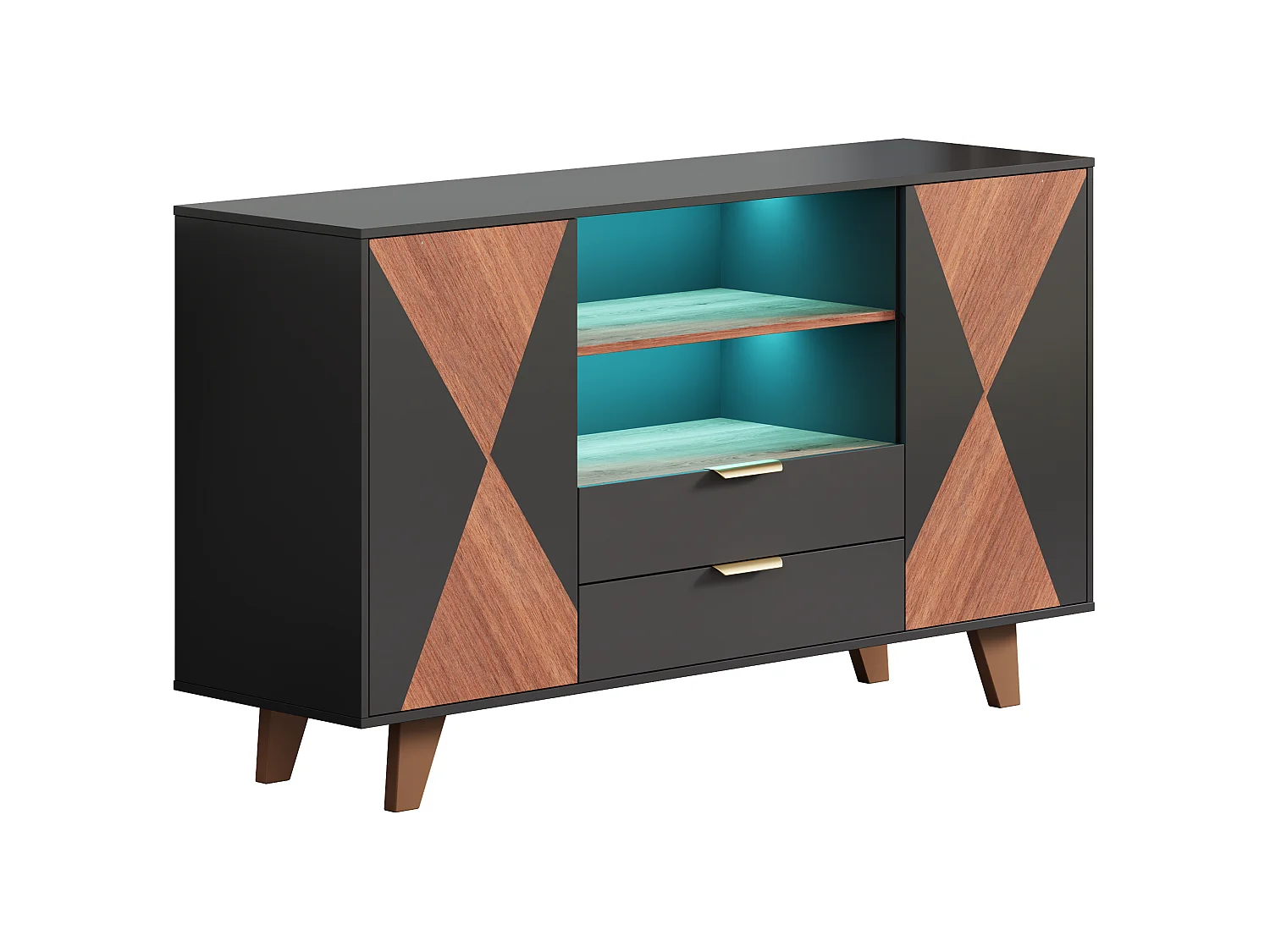 Moderne buffetkast 150x40x90cm - met LED-verlichting - met 2 deuren en 2 laden - verstelbare plank - Zwart + Naturel