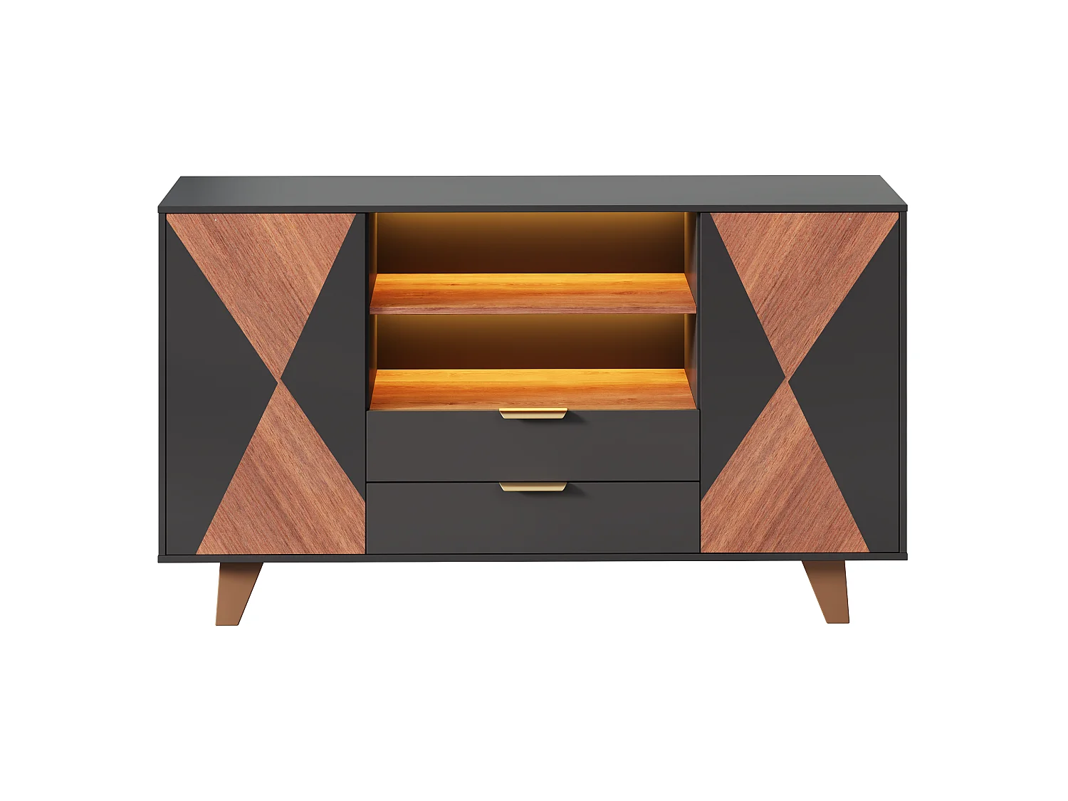 Moderne buffetkast 150x40x90cm - met LED-verlichting - met 2 deuren en 2 laden - verstelbare plank - Zwart + Naturel