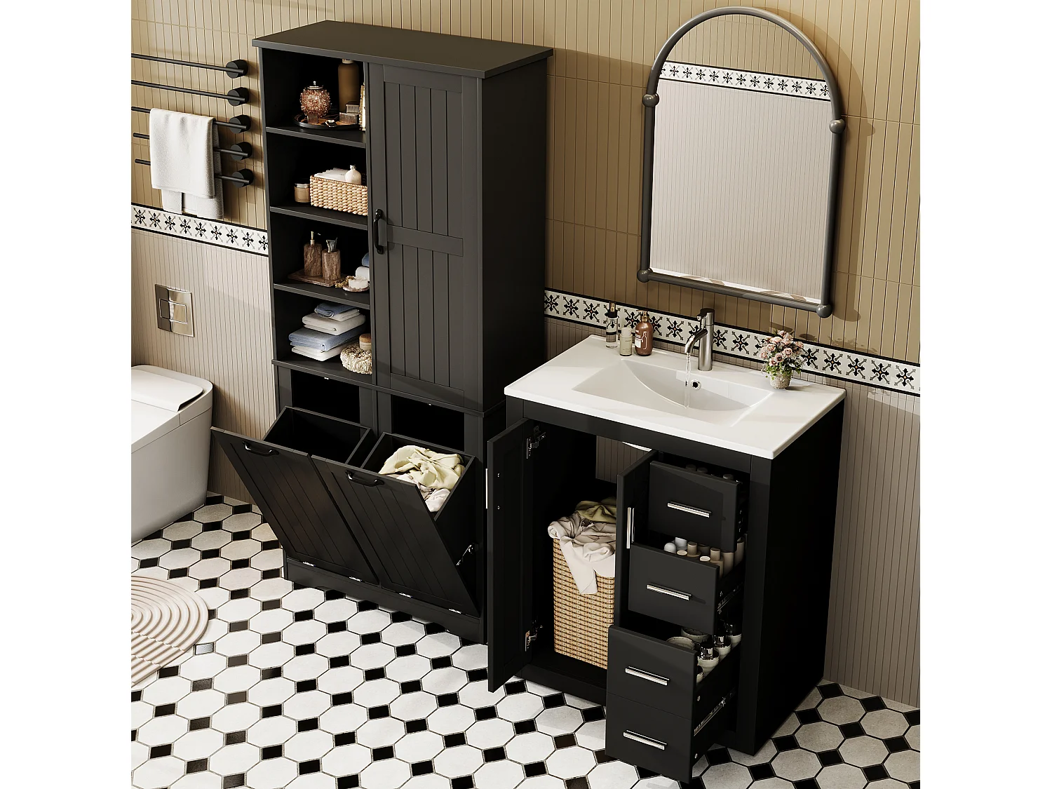 Badezimmer-Set mit Keramikwaschtisch und Hochschrank, 3 Schubladen und 2 Wäschekörben – MDF und Keramik – Schwarz