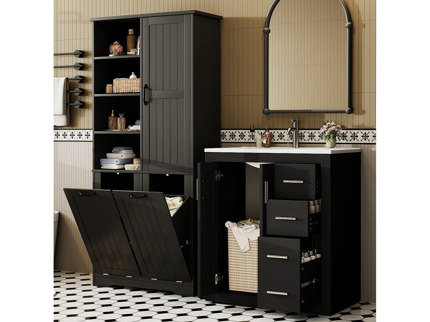 Badezimmer-Set mit Keramikwaschtisch und Hochschrank, 3 Schubladen und 2 Wäschekörben – MDF und Keramik – Schwarz