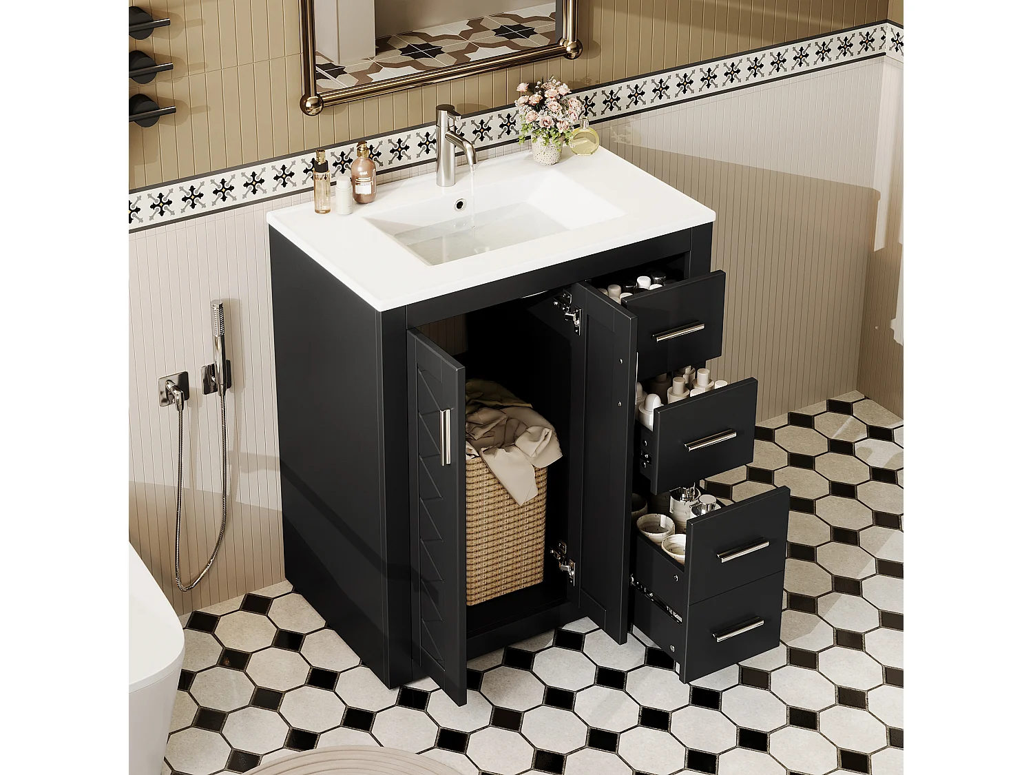 Badezimmer-Set mit Keramikwaschtisch und Hochschrank, 3 Schubladen und 2 Wäschekörben – MDF und Keramik – Schwarz