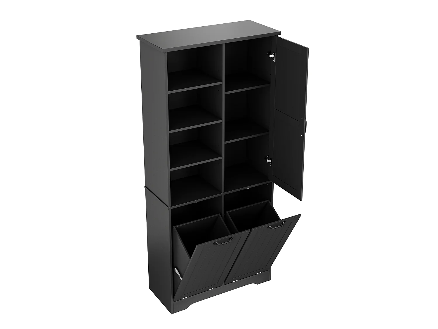 Badezimmer-Set mit Keramikwaschtisch und Hochschrank, 3 Schubladen und 2 Wäschekörben – MDF und Keramik – Schwarz