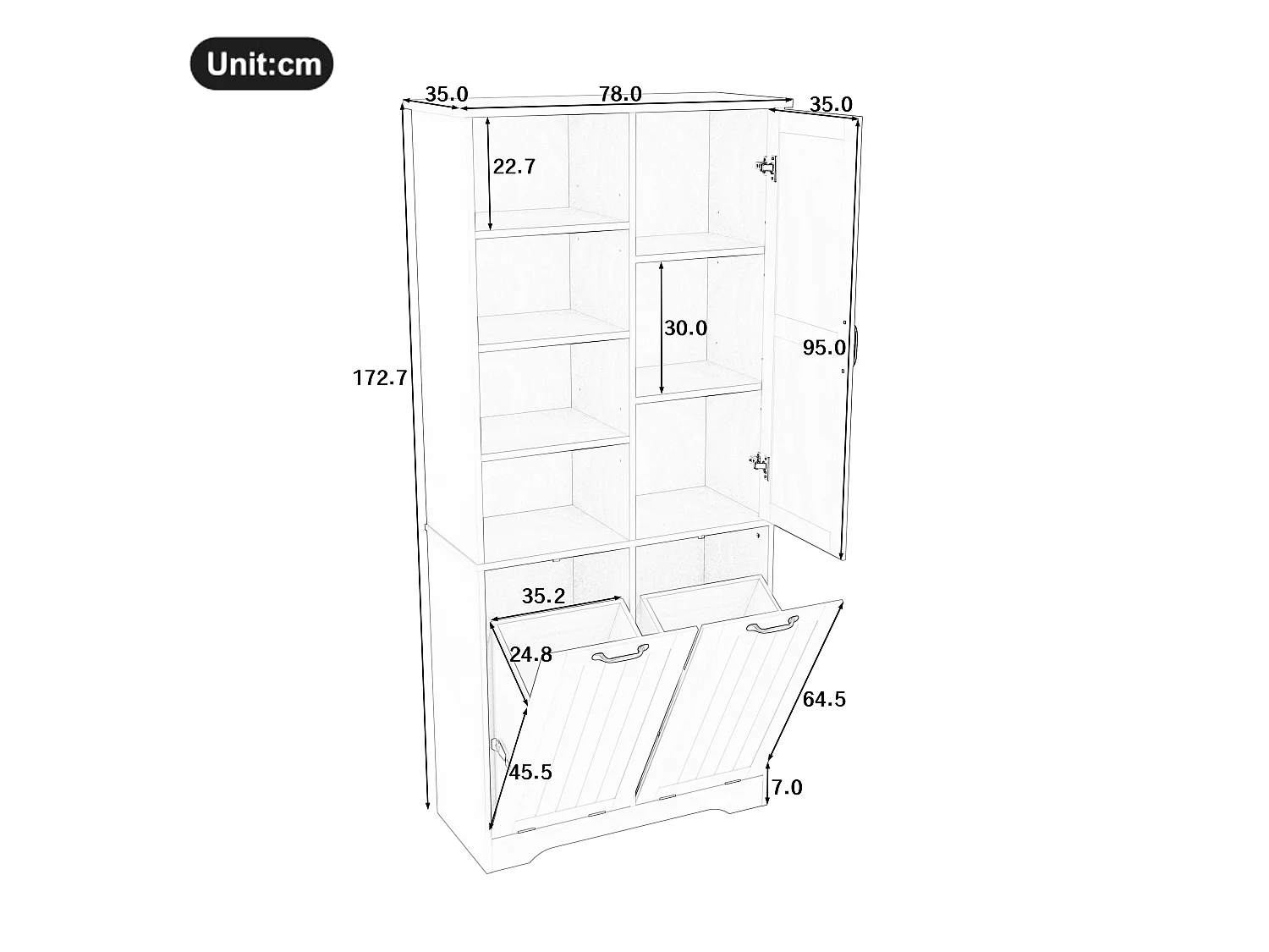 Badezimmer-Set mit Keramikwaschtisch und Hochschrank, 3 Schubladen und 2 Wäschekörben – MDF und Keramik – Schwarz