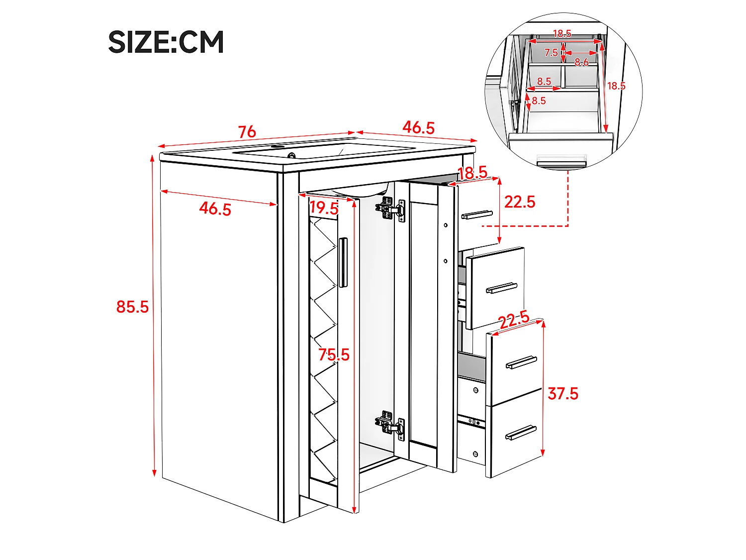 Badezimmer-Set mit Keramikwaschtisch und Hochschrank, 3 Schubladen und 2 Wäschekörben – MDF und Keramik – Schwarz