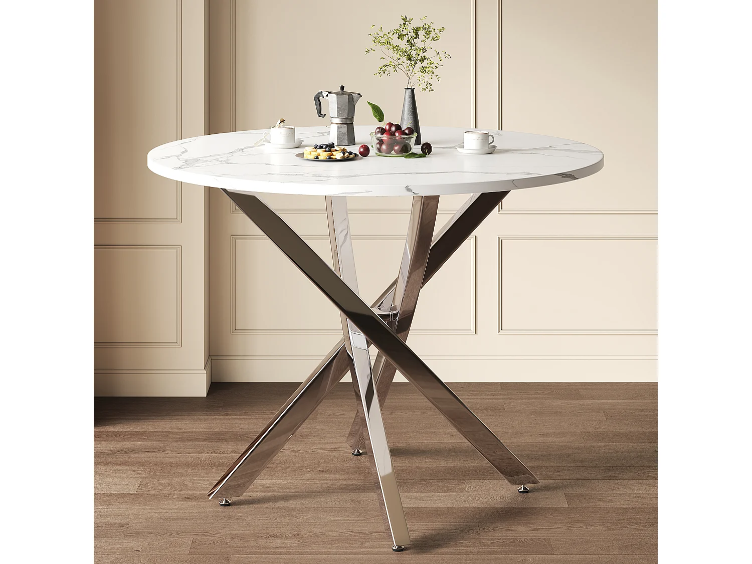 Table à manger ronde 80 x 80 x 75 cm - Plateau effet marbre - pieds argentés - Blanc + argent