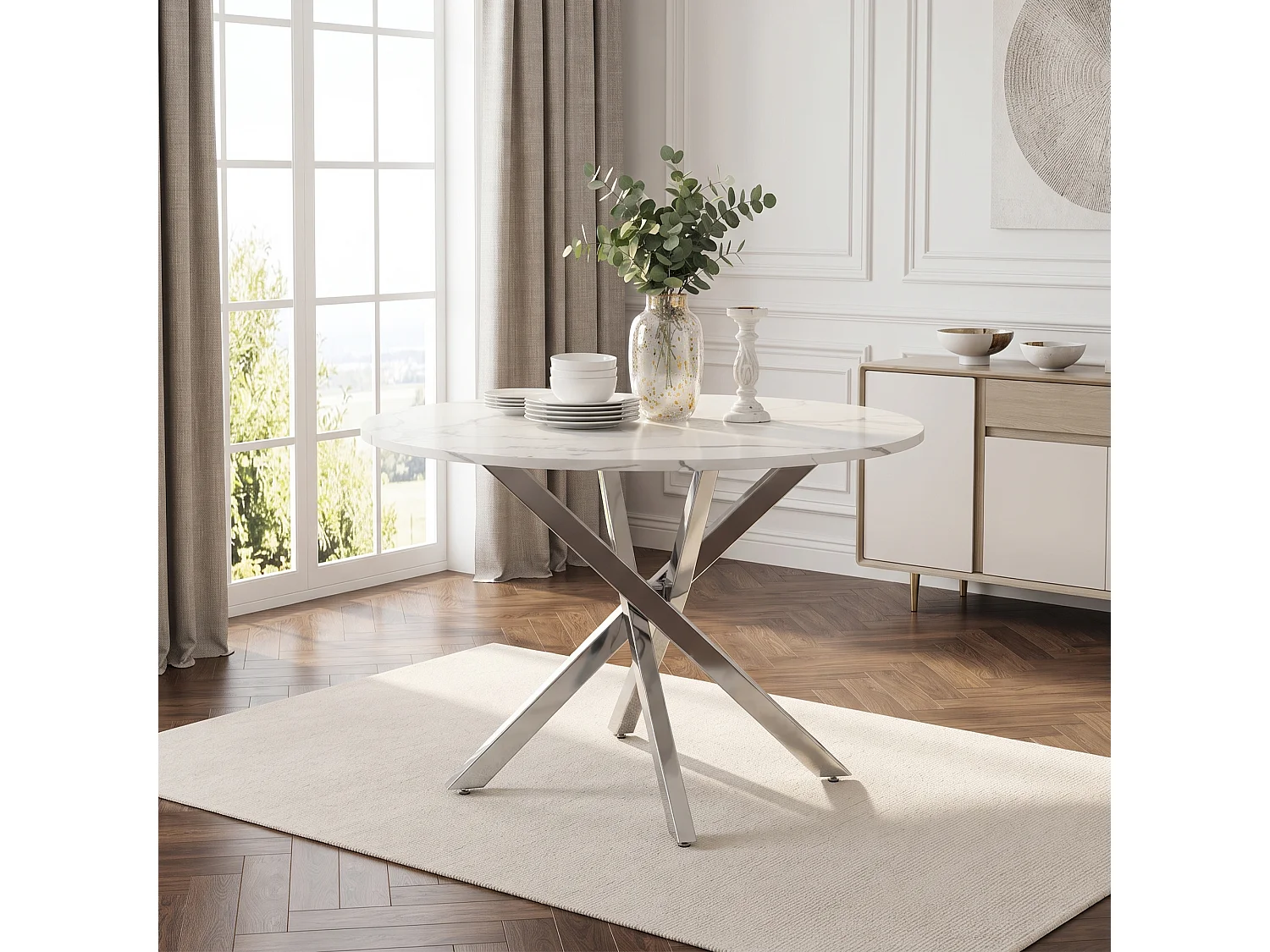 Table à manger ronde 80 x 80 x 75 cm - Plateau effet marbre - pieds argentés - Blanc + argent
