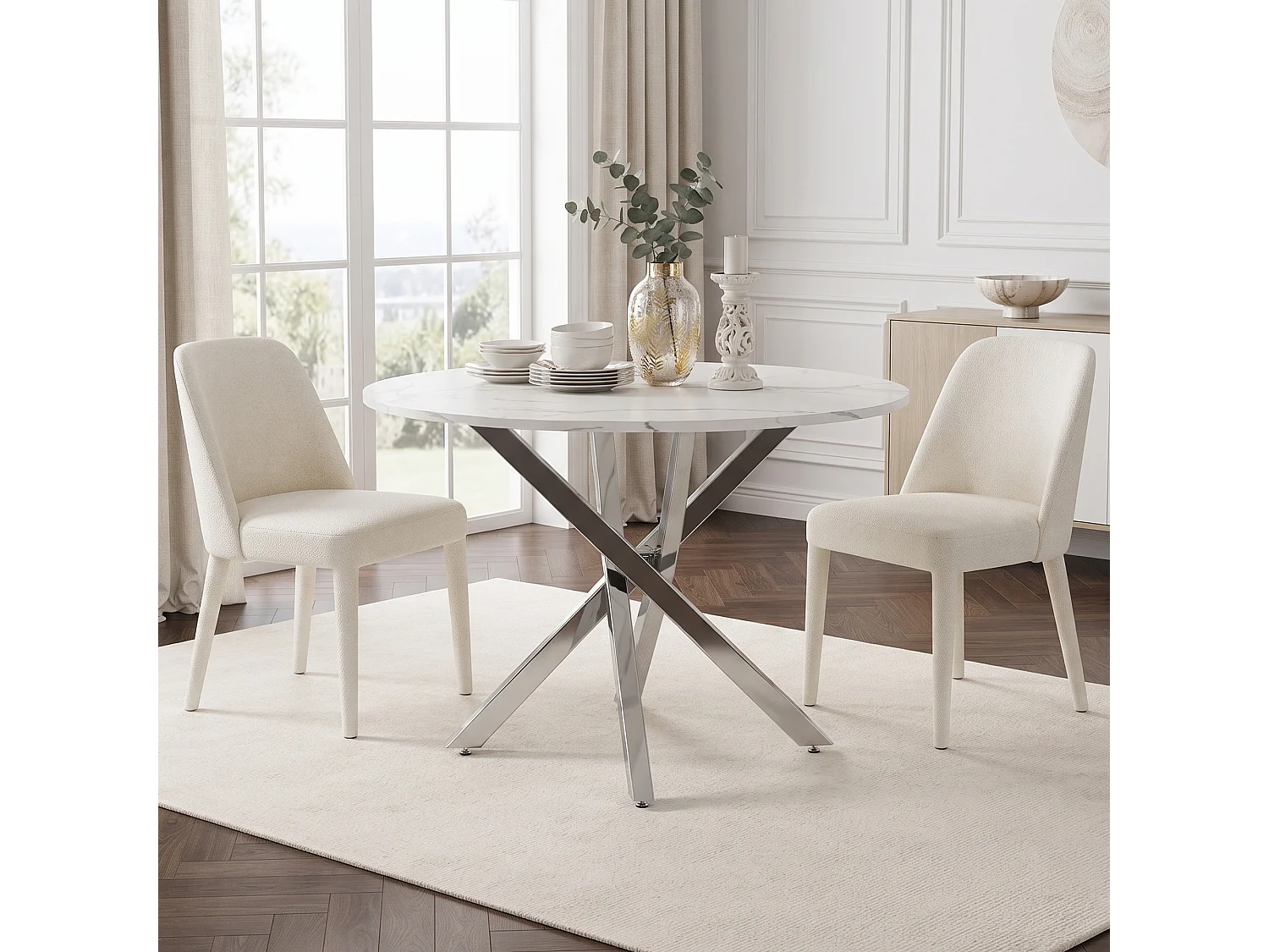Table à manger ronde 80 x 80 x 75 cm - Plateau effet marbre - pieds argentés - Blanc + argent