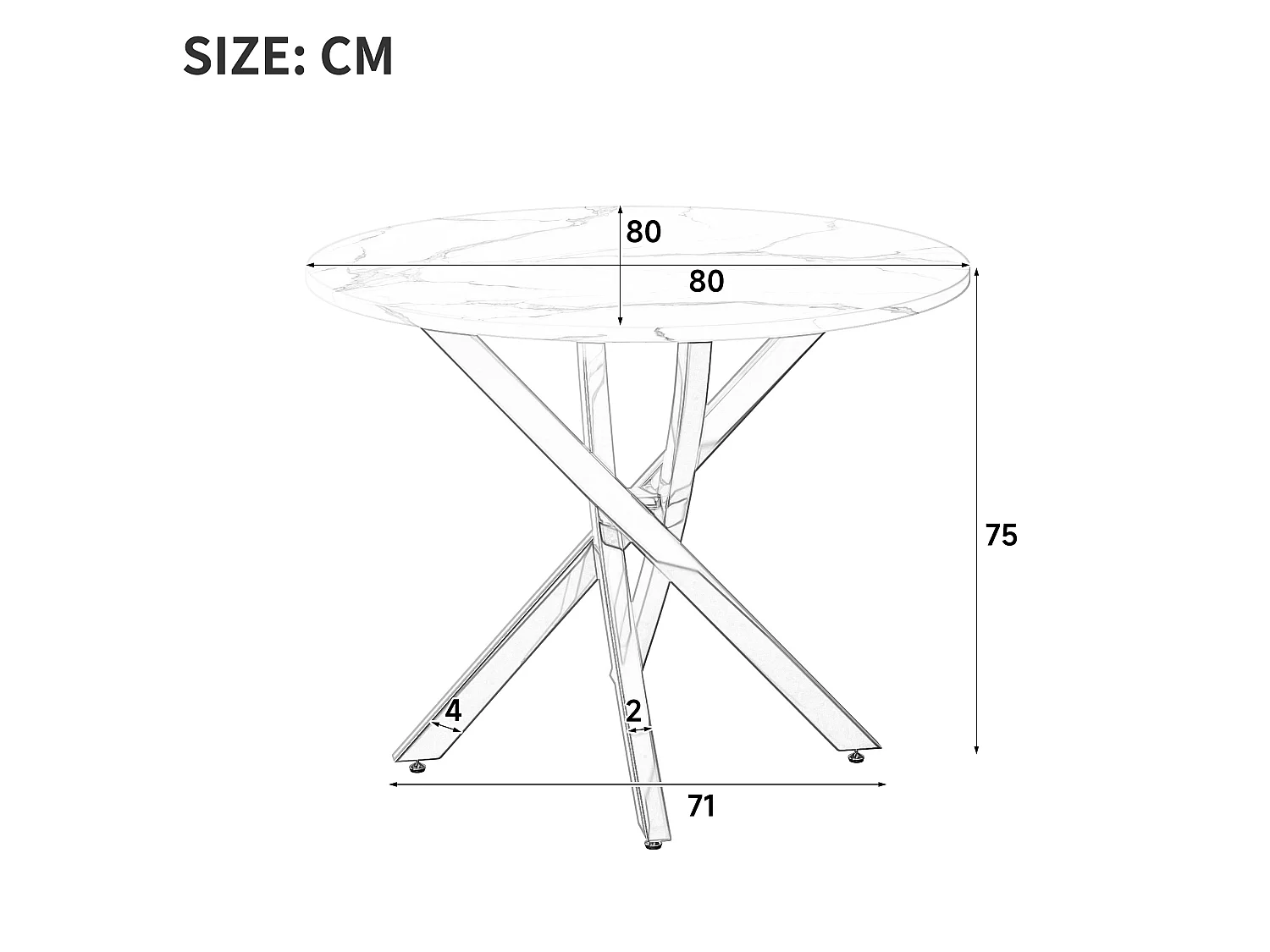 Table à manger ronde 80 x 80 x 75 cm - Plateau effet marbre - pieds argentés - Blanc + argent