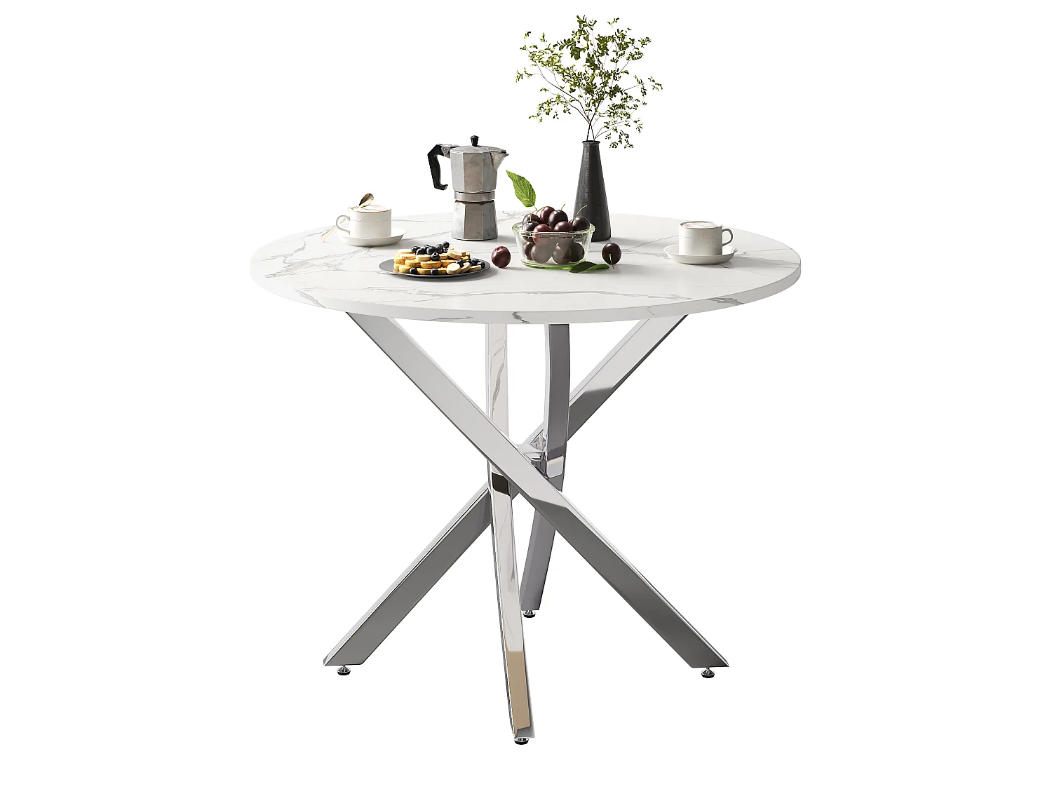 Table à manger ronde 80 x 80 x 75 cm - Plateau effet marbre - pieds argentés - Blanc + argent
