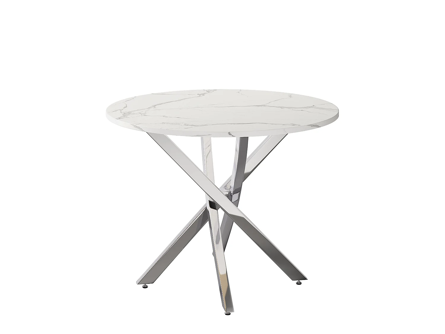 Table à manger ronde 80 x 80 x 75 cm - Plateau effet marbre - pieds argentés - Blanc + argent
