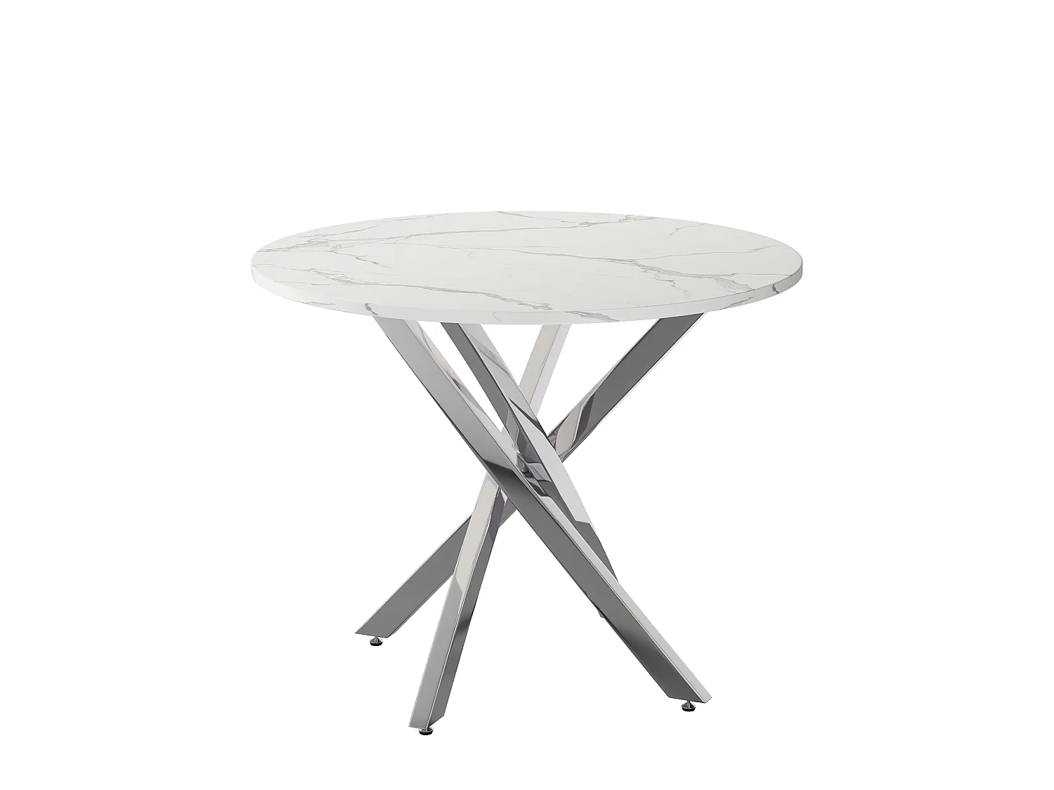 Table à manger ronde 80 x 80 x 75 cm - Plateau effet marbre - pieds argentés - Blanc + argent