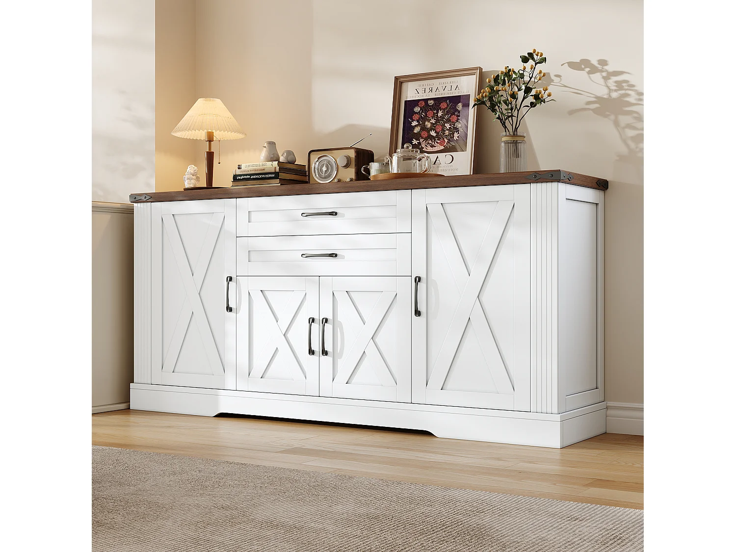 Buffet avec plateau 160x39x81,5 cm - Avec 4 portes et 2 tiroirs - Étagères réglables - MDF - Blanc