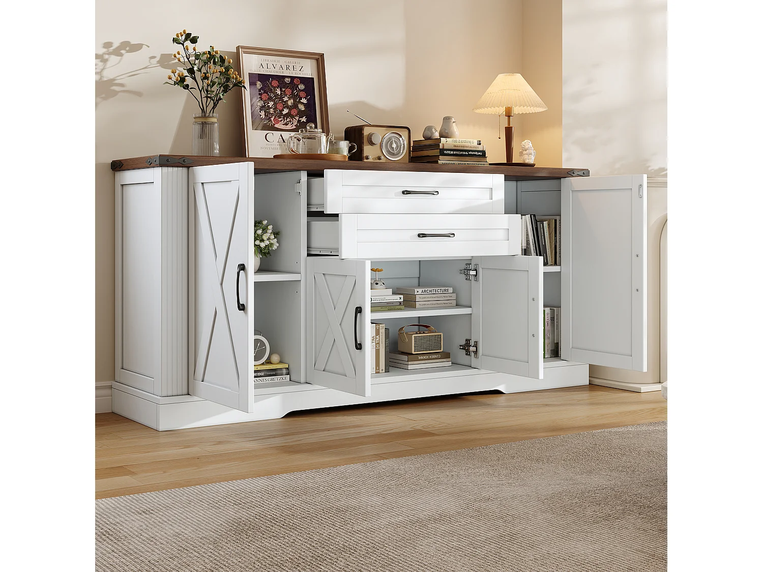 Buffet avec plateau 160x39x81,5 cm - Avec 4 portes et 2 tiroirs - Étagères réglables - MDF - Blanc