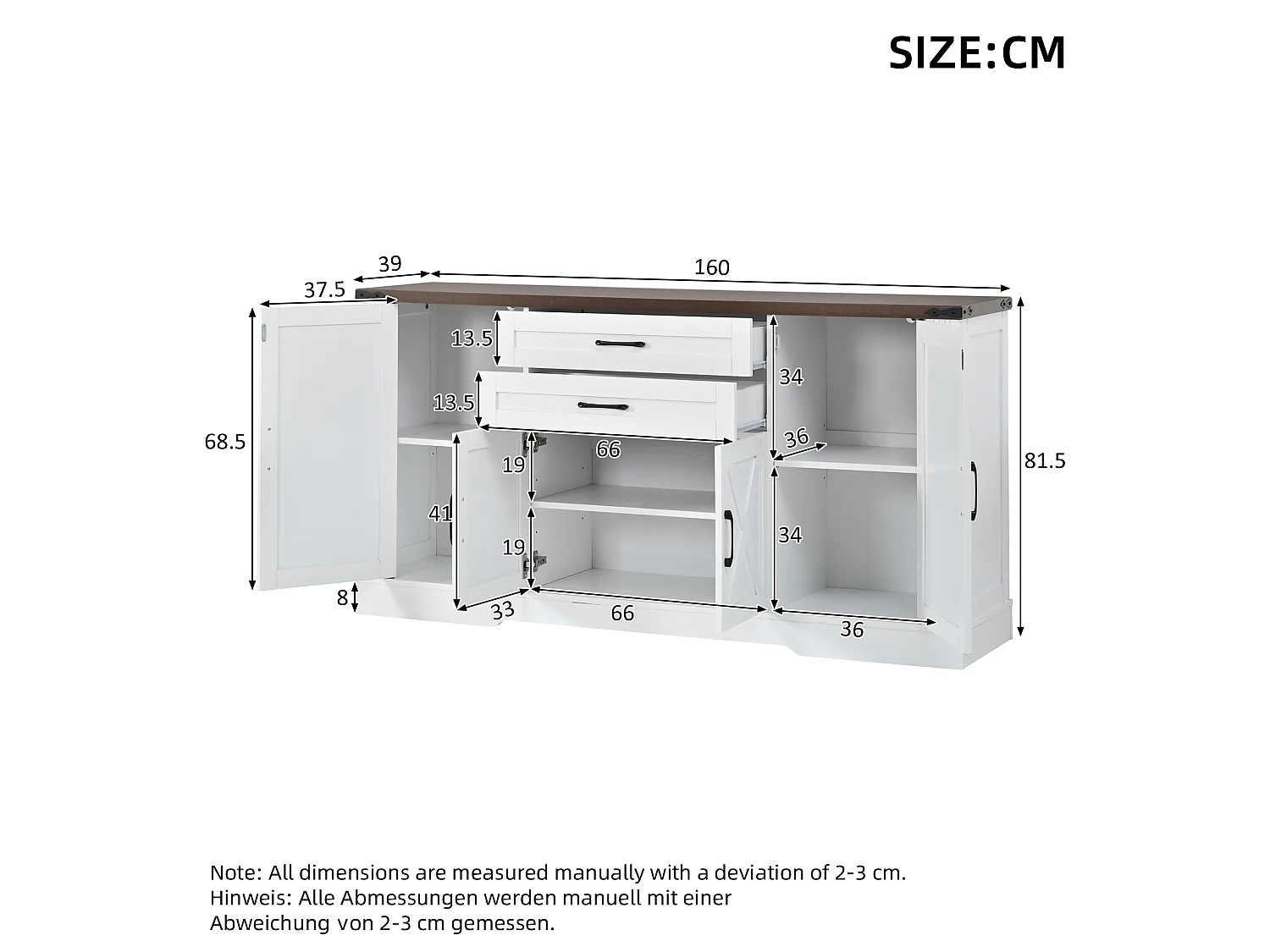 Buffet avec plateau 160x39x81,5 cm - Avec 4 portes et 2 tiroirs - Étagères réglables - MDF - Blanc
