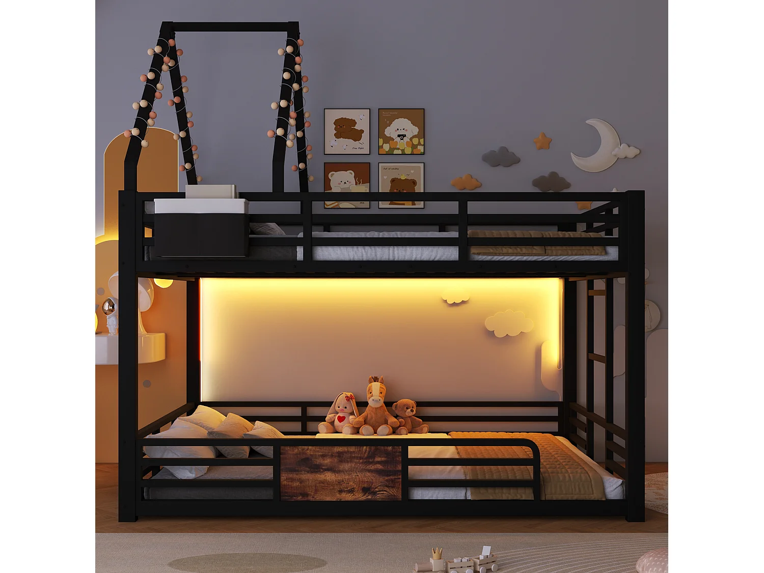 Lit mezzanine en métal 140x200 cm - Avec LED, poches de rangement en tissu - Avec barrières de sécurité - Noir (sans matelas)
