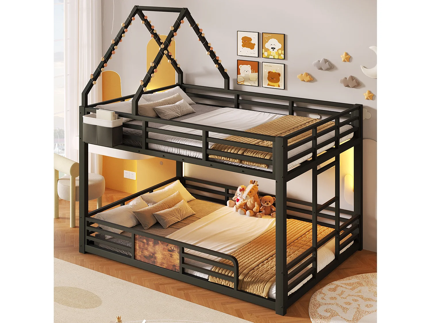 Lit mezzanine en métal 140x200 cm - Avec LED, poches de rangement en tissu - Avec barrières de sécurité - Noir (sans matelas)